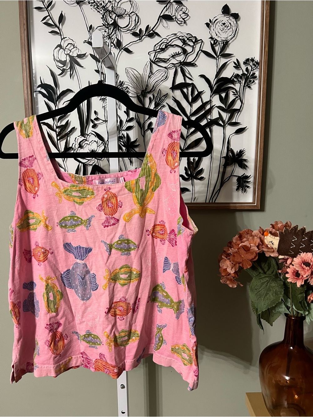 Fresh Produce Vintage Pink Fish Print Sleeveless Cotton Tank Top Size Large